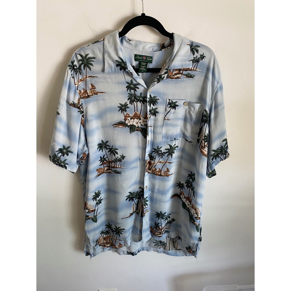 David Taylor Mens Large Blue Rayon Tropical Palm Tree Island Hawaiian Shirt L/G